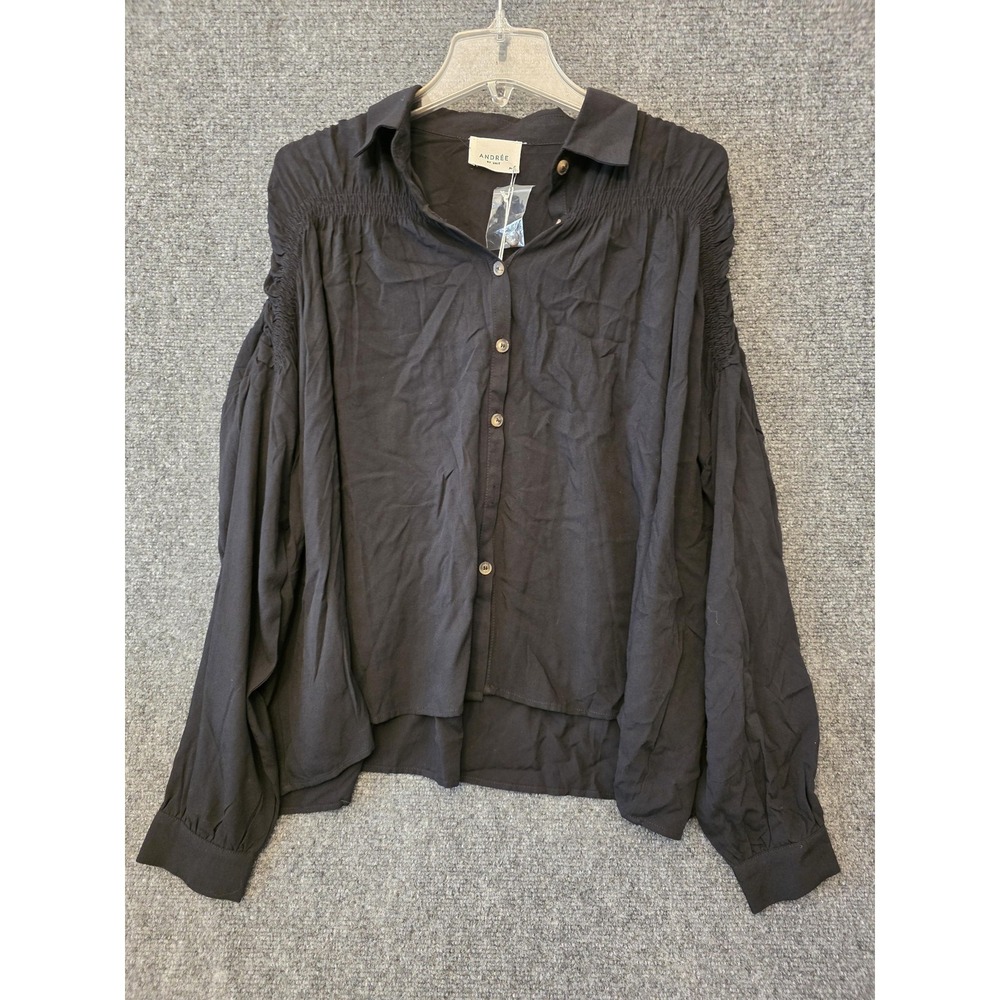 Andrée By Unit Blouse Womens M Black Collared Smocked Balloon Sleeve‎ Top